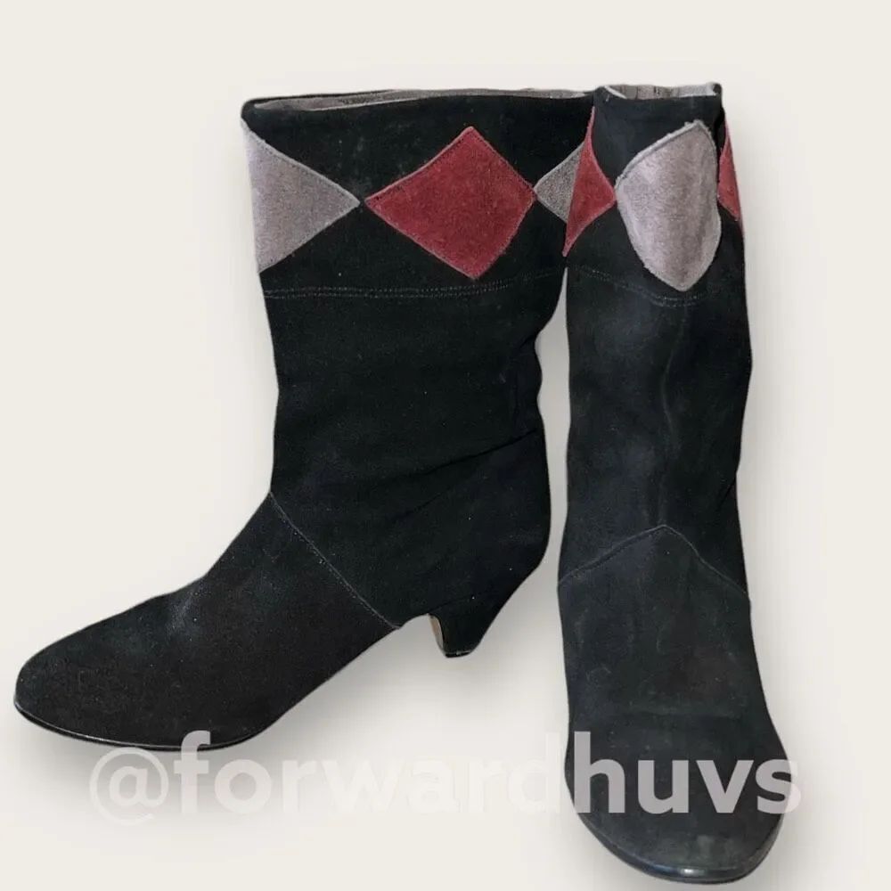 Vintage 90s Black Suede Heeled Boots with Grey & Burgundy Triangle Pattern Size